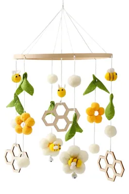 Image de Mobile pour bébé en bois et en laine, avec des motifs de fleurs, d'abeilles et de ruches, jouet musical à suspendre pour chambre de bébé, cadeau pour nouveau-né