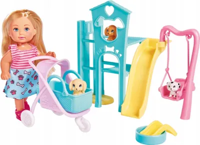 Immagine prodotto di Bambola Evi con parco giochi per cuccioli e passeggino