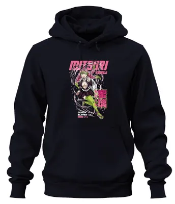 Imagen del producto de Sudadera con capucha estilo anime y manga, con el diseño de Mitsuri Kanroji, personaje de "Demon Slayer", color azul marino, talla 3XL