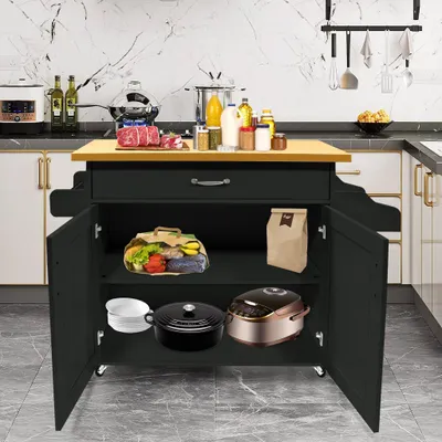 Image de ACXIN Chariot de cuisine avec plan de travail en bois, armoire de cuisine sur roulettes avec tiroir & étagère, chariot de service de style campagnard, chariot de cuisine mobile,Noir