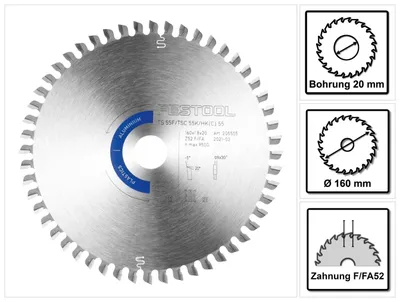 Productafbeelding van Festool cirkelzaagblad aluminium/kunststof HW 160 x 1,8 x 20 mm F/FA52 ( 205555 ) voor dompelzagen TS 55 F, TSC 55 K & handcirkelzagen HK 55, HKC 55