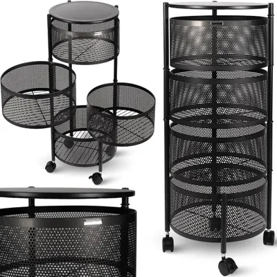 Collage of different views of a black metal rolling cart with multiple mesh baskets and a top surface.