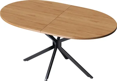 An oval wooden dining table with a black metal base, shown from a slightly elevated angle against a white background.