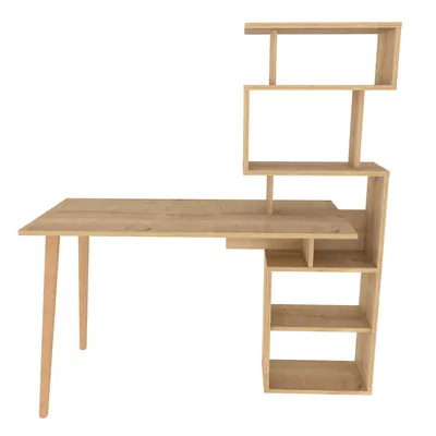A wooden desk with a bookshelf attached.