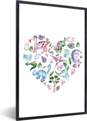 Produktbild von MuchoWow® Gerahmtes Poster Kinderzimmer - Herz - Dinosaurier - Mädchen - Kinder - Rosa - Kinder 60x90 cm - Poster mit Schwarzem Bilderrahmen Wandposter Rahmen Foto Bilder - Kunst