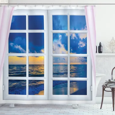 Produktbild von ABAKUHAUS Landschaft Duschvorhang, Sonnenuntergang Meer Landschaft, Set inkl.12 Haken aus Stoff Wasserdicht Bakterie und Schimmel Abweichent, 175 x 180 cm, Blau-weiß
