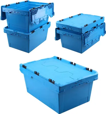 Three views of blue plastic storage containers with lids, arranged in a collage.