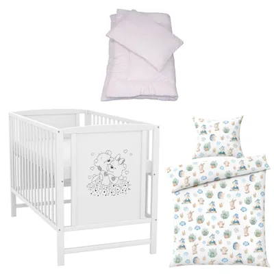 Produktbild von Baby-Delux Babybett Kinderbett Gitterbett Mia weiß 120x60 Matratze Bettset 4-Tlg. Zauberwald
