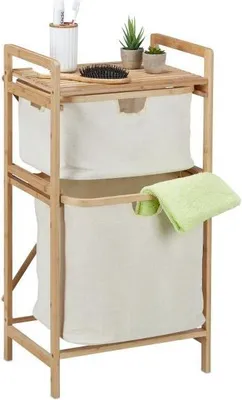 Image de Etagère panier à linge en bambou avec 2 étagères