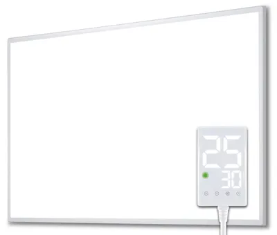 A white infrared heater with a digital display showing temperature settings.