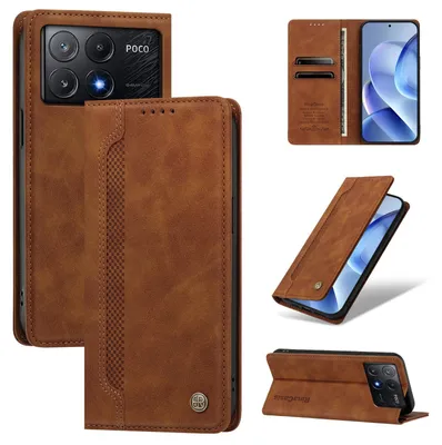 Produktbild von Handyhülle für Xiaomi Poco X6 Pro, Leder Wallet Klapphülle mit Standfunktion, Stoßfeste Schutzhülle Braun