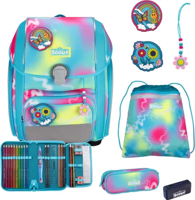 Produktbild von Scout Schulranzen Safety Light Genius Set 5-teilig Happy Rainbow türkis