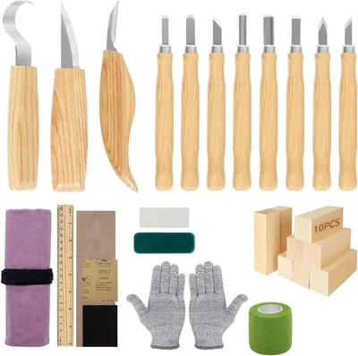 Produktbild von PromoHome® 30-teiliges Holzschnitzwerkzeug-Set, Holzschnitzset für Erwachsene und Kinder, Schnitzset mit Schleifstein und schnittfesten