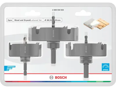 Produktbild von Wood and Drywall Lochsägen-Set mit Aufsteckhalter+Zentrierbohrer, 68/86/100x27mm
