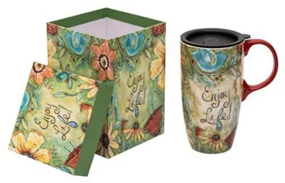 Image de Tasse en céramique avec couvercle, 500 ml, style vintage, motif floral, couleur verte