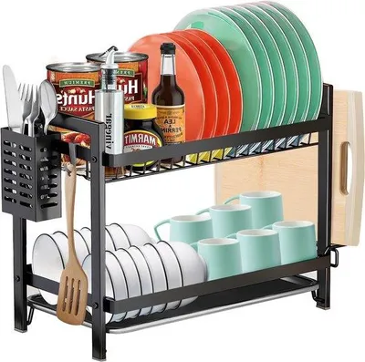 Image de Étagère de séchage Unyqoos® à 2 niveaux avec support à couverts, égouttoir et support pour planche à découper, revêtement résistant à la rouille, noire, 17" x 8" x 13,5"
