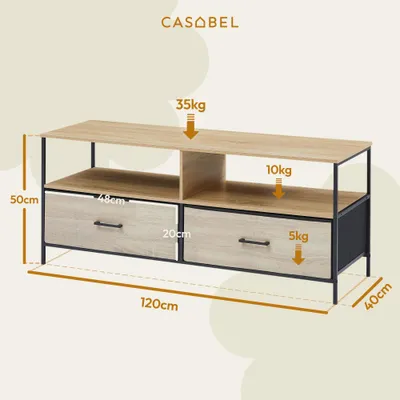 Produktbild von CASABEL TV-Schrank 120 cm, Holz und schwarzes Metall, 2 Stoffschubladen