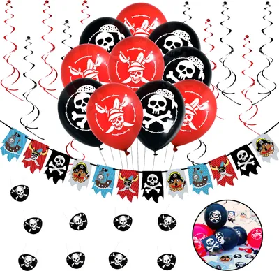 Produktbild von Oblique Unique Piraten Party Kindergeburtstag Deko Set - Girlande + Totenkopf Luftballons + Augenklappen + Spiral Girlanden