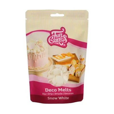 A pouch of FunCakes Deco Melts in Snow White flavor, with images of decorated cakes and the melts themselves.