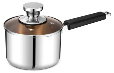 Edelstahl Kochtopf 14 cm, Milchtopf mit Glasdeckel, Ausgießer