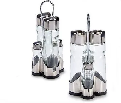 Produktbild von Menage Set 4tlg Essig Öl Salz Pfeffer Gewürzset Spender Edelstahl Glas Vival4