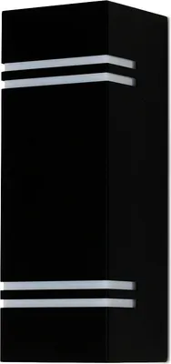 A black outdoor wall lamp with two white light strips.
