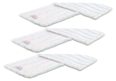 Three white microfiber mop pads with blue stripes are arranged diagonally on a white background.