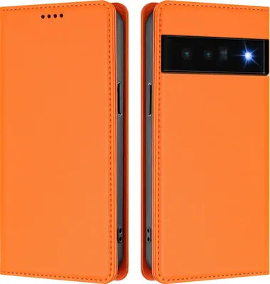 Image de Étui en cuir pour Google Pixel 6 Pro, étui à rabat magnétique en cuirPolyuréthaneavec support, orange