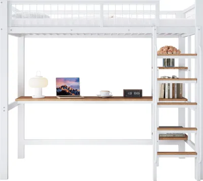 Produktbild von Eisenrahmen-Etagenbett 90 x 200 cm in Weiß und Natur, mit Tisch, Regalen, Leiter und Fallschutzgitter, ohne Matratze