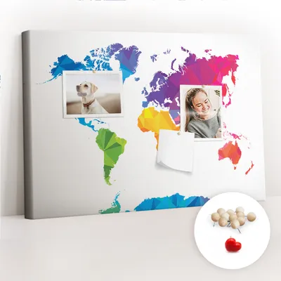 Obrázok produktu pre Korková tabuľa Tabuľa na poznámky Tabuľa na špendlíky - učebná pomôcka 60x40 cm - 100ks drevených kolíkov - Abstraktná mapa sveta