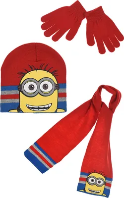 Produktbild von Minions Kinder Winter-Set 3-tlg. Mütze, Schal und Handschuhe Rot  , Größe:52