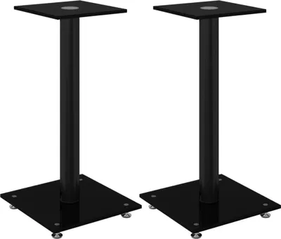 Two black speaker stands are shown against a white background.