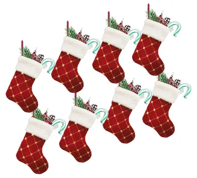8 Weihnachtsstrümpfe 23 cm, Rot-Gold, Glitzer, Plüschbündchen