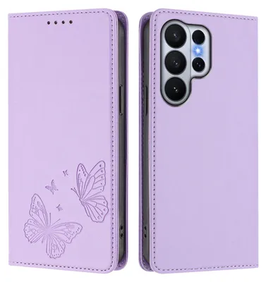 Obrázek produktu pro Kožené pouzdro pro Samsung Galaxy S26 Ultra, motýlí ražbou, peněženkové flip pouzdro se stojánkem Světle fialová