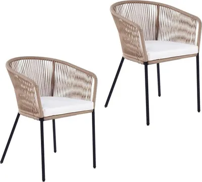 Two beige rope chairs with white cushions and black legs are shown against a white background.