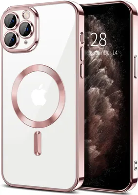 Obrázek produktu pro Magnetické čiré pouzdro pro iPhone 11 Pro, kompatibilní s MagSafe, galvanicky pokovené ochranné pouzdro s ochranou fotoaparátu Růžový