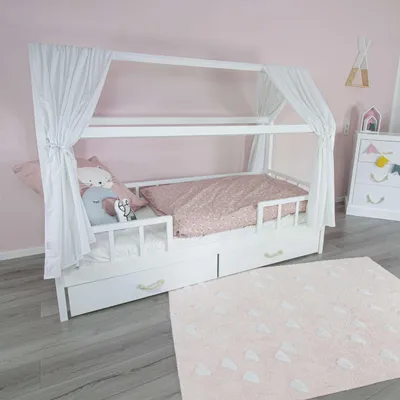 Produktbild von Puckdaddy Hausbett Vorhang Linnea 146x298cm 2er Set Stoffhimmel mit Pünktchen Muster in Weiß