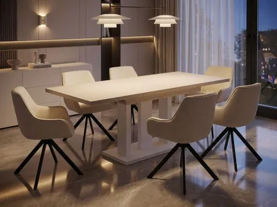 Produktbild von ENDO-Möbel Essgruppe "Appia White" - Esstisch ausziehbar 130-210cm in Kaschmir Beige für 6 Personen mit Stühlen in Chenille-cremeweiß