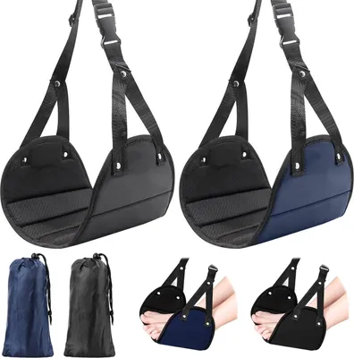 Image de Repose-pieds pour avion, set de 2 - noir et bleu, portable et réglable en hauteur pour le bureau, les voyages et les loisirs