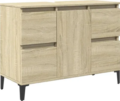 A front view of a light brown wooden cabinet with black legs.