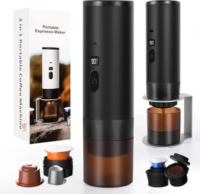 Produktbild von Tragbare 3-in-1 Mini Espressomaschine 20 Bar mit Selbsterhitzung, LED Anzeige, Akku 7800mAh, kompatibel mit Kapseln & Pulver für Reise & Camping