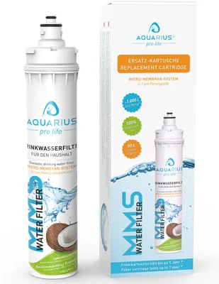 A product shot showing a water filter cartridge and its packaging.