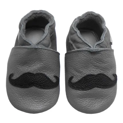 Produktbild von BEMUSE® Baby Krabbelschuhe aus Echtleder,weiche Lauflernschuhe für Mädchen&Jungen, rutschfeste Ledersohle,Dunkelgrau,Schnurrbart,Größe M (6–12 Monate)