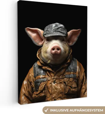 Produktbild von MuchoWow® - Leinwandbilder - Schwein - Porträt - Schwarz - Tier, Wandbild, Wanddeko Bilder Wohnzimmer, 30x40 cm