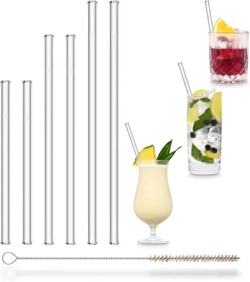 Productafbeelding van Glazen Rietjes 6-delige Set met 3 Lengtes Transparant Herbruikbare Glazen Drinkrietjes van Speciaal Glas + Reinigingsborstel gezonde Glazen