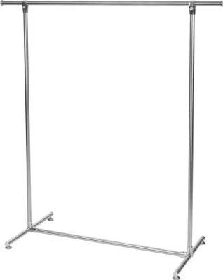 A standalone silver clothing rack against a white background.
