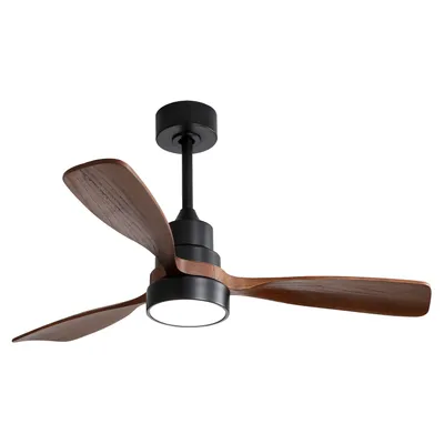 A modern ceiling fan with wooden blades and an integrated LED light.
