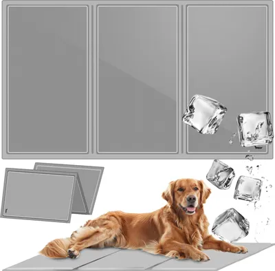 A collage showing a cooling mat for pets and a golden retriever dog.