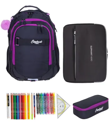 Produktbild von Schulrucksack Mädchen Elephant Hero Signature 4 Teile Set Rucksack Schultasche + Mäppchen Box + Laptophülle + 31 tlg. Stifteset 13015 Tiff Lila +rmlv