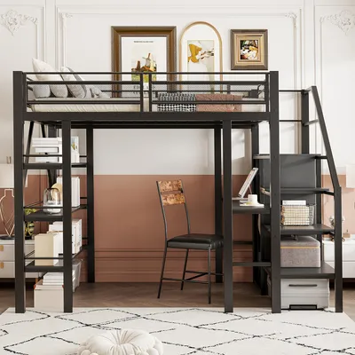 Produktbild von Hochbett 140x200 cm Schwarz aus  Metall, MDF, Sperrholz mit Schreibtisch, Kleiderschrank und Regal für Schlafzimmer